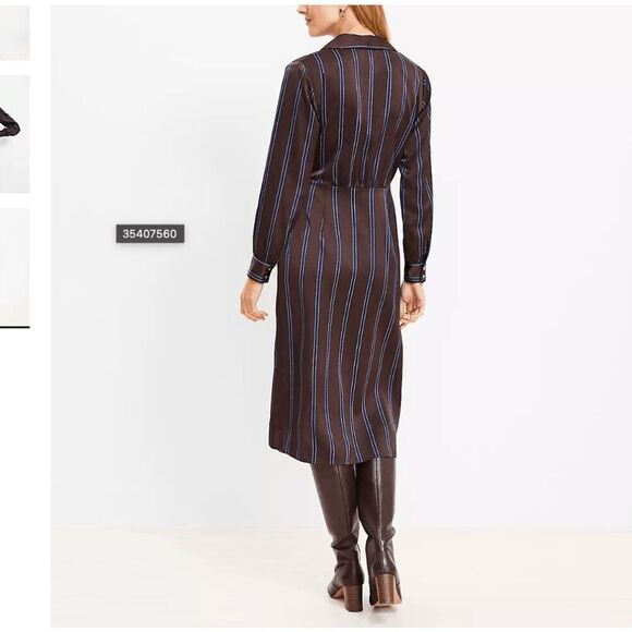 LOFT Brown Satin Striped Wrap Midi Dress w/ Waist Tie, Collared, Size M - Picture 4 of 12